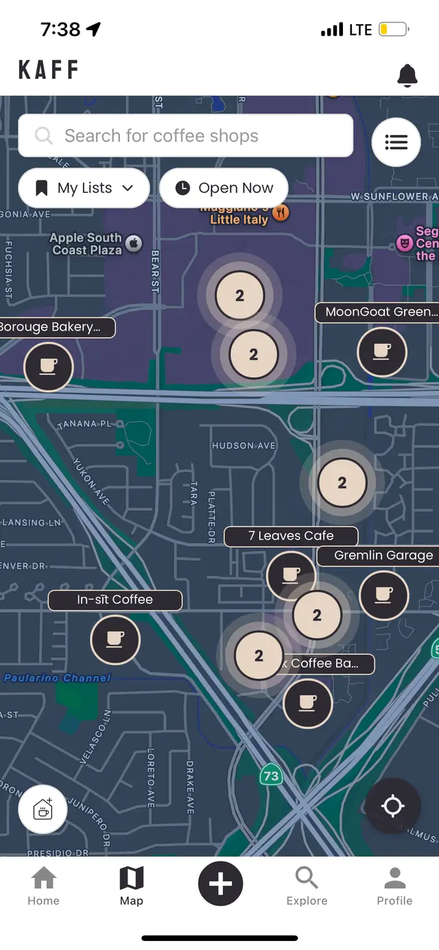 The Kaff map showing coffee shops with a search bar, My Lists and Open Now filters